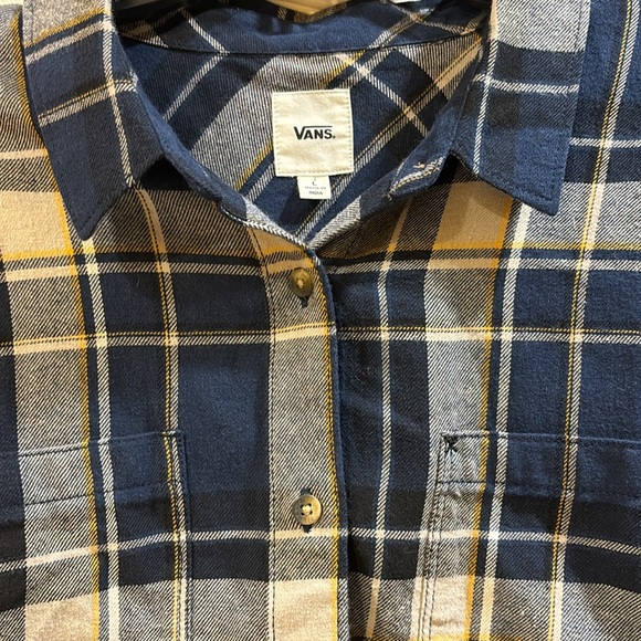 VANS FLANNEL BUTTON DOWN TOP BLUES AND WHITE WITH YELLOW/GOLD STRIPE SIZE LARGE - Picture 2 of 8